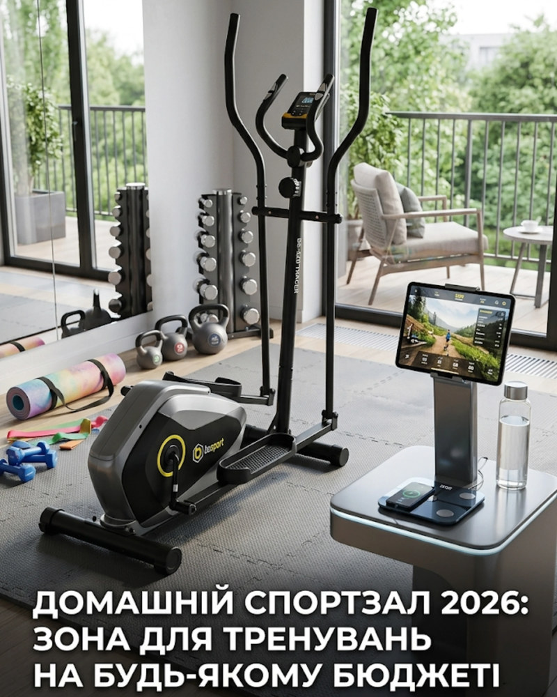 Приклад облаштування домашнього спортзалу 2026: орбітрек BeSport BS-520 TRACER та фітнес-аксесуари для тренувань на будь-який бюджет.