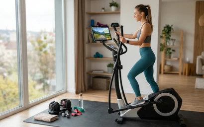 Дівчина тренується на орбітреку BeSport з підключеним планшетом у домашньому спортзалі.