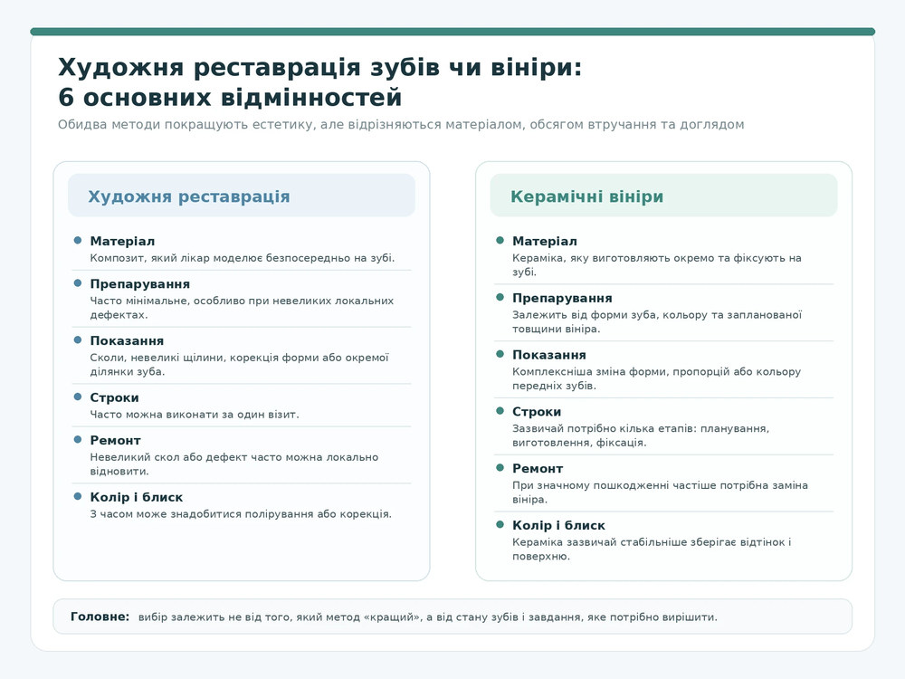 Художня реставрація зубів і керамічні вініри — порівняння матеріалів, препарування, строків і ремонту